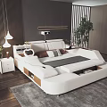 Modern Double Bed With Upholstered Headboard Storage Drawers Nightstand And Table Lamp
