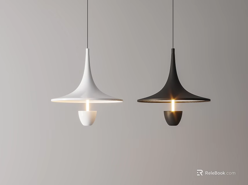 Two Modern White and Black Pendant Lights with Conical Shades for Home Lighting 3d model 