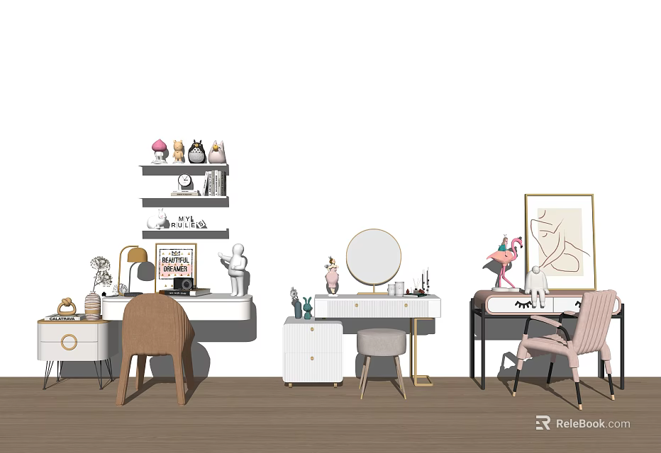 Modern Elegant Desk Interior With White Surface Chair Mirror And Decorations 3d model