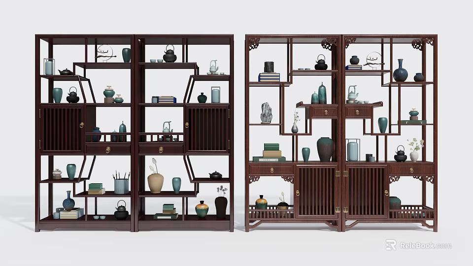 Traditional Chinese Multi Tiered Wooden Antique Display Shelf With Vases Tea Sets And Books 3d model 