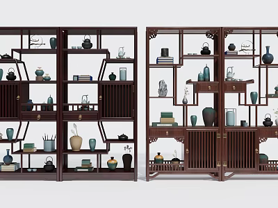 Traditional Chinese Multi Tiered Wooden Antique Display Shelf With Vases Tea Sets And Books 3d model
