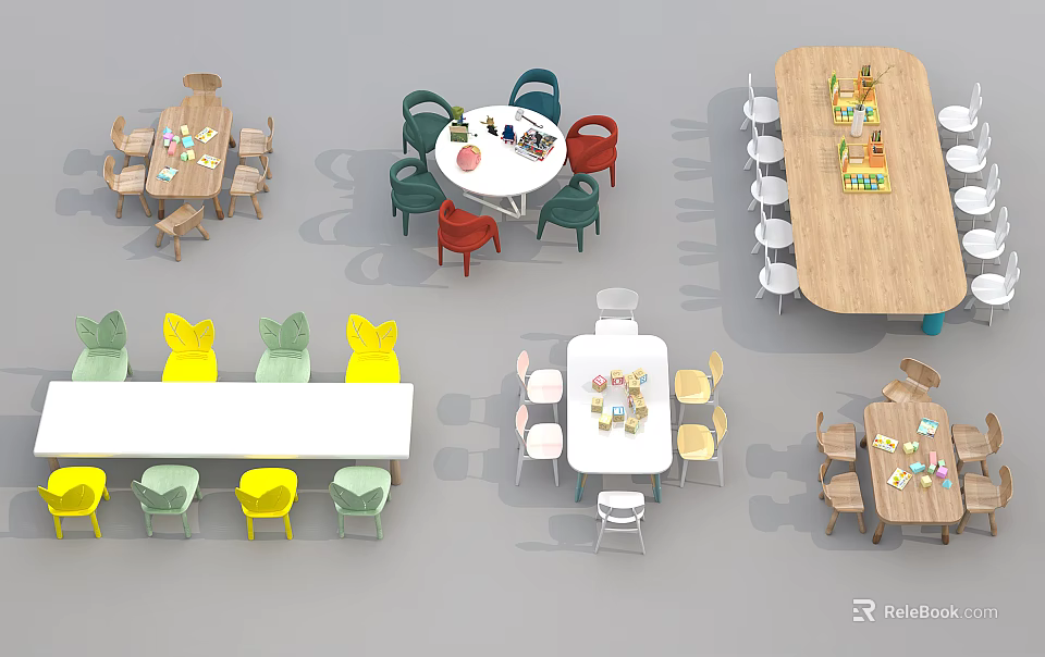 Kids Table With Colorful Chairs Round And Rectangular Designs For Playroom Activities 3d model