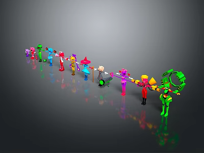Colorful Cartoon Game and Movie Characters in a Row with Varied Colors and Holding Objects 3d model