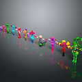 Colorful Cartoon Game and Movie Characters in a Row with Varied Colors and Holding Objects