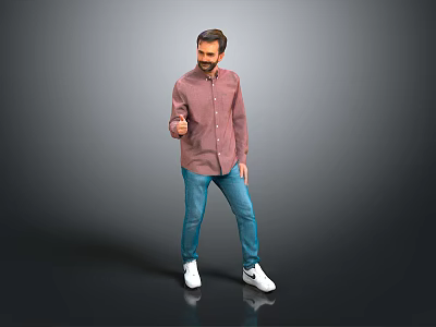 Man in red shirt blue jeans and white sneakers posing on gray background 3d model