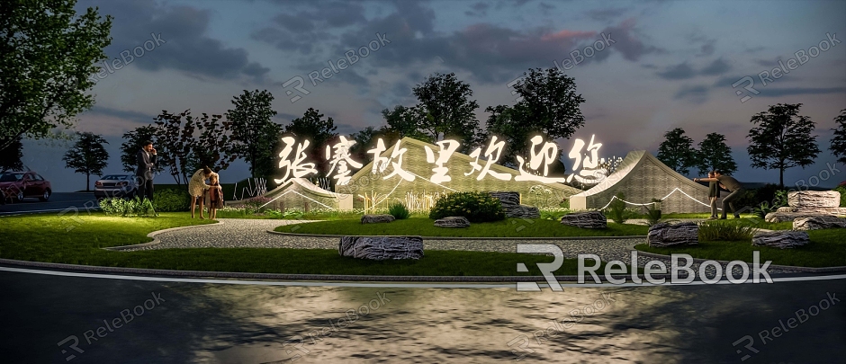 New Chinese style landscape entrance SU model model