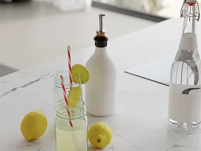 Decorative Ornament Set With Lemons Lemon Slices Glass Straw White And Transparent Bottles 3d model