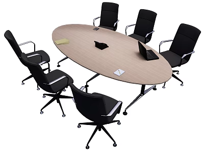 Oval Light Wood Conference Table with Black Office Chairs and Desktop Items 3d model