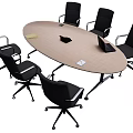 Oval Light Wood Conference Table with Black Office Chairs and Desktop Items