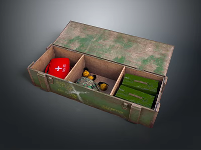Wooden Storage Box Containing Red First Aid Kit Yellow Containers And Green Boxes 3d model