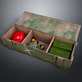 Wooden Storage Box Containing Red First Aid Kit Yellow Containers And Green Boxes 3d model