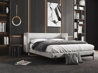 Modern Gray Double Bed Bedroom Interior With Black Walls Bookshelves Wall Art And Rug 3d model