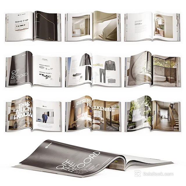 Open Magazines Featuring Interior Design Lifestyle Photos On Multiple Pages 3d model