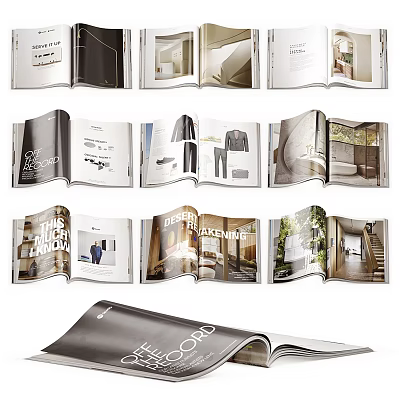 Open Magazines Featuring Interior Design Lifestyle Photos On Multiple Pages 3d model