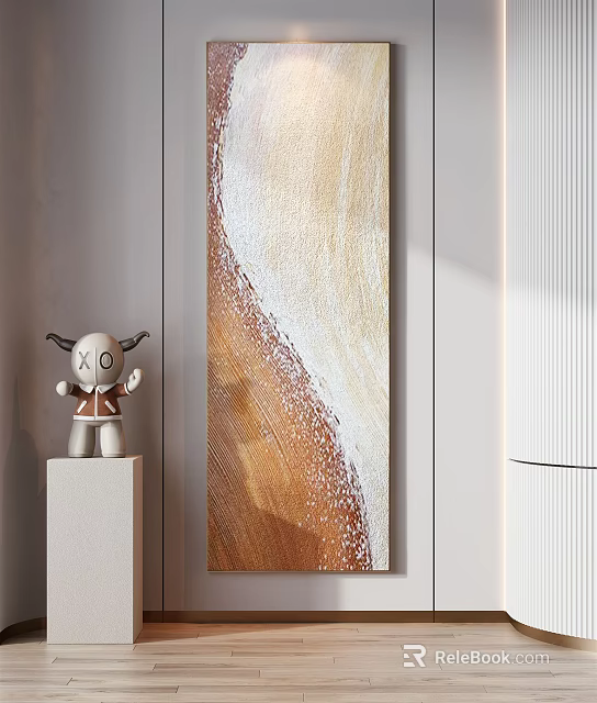 Modern Interior With Textured Brown Beige Abstract Painting And White Cartoon Sculpture On Pedestal 3d model 