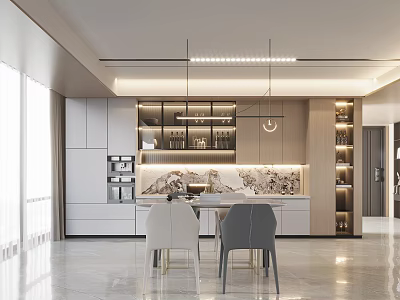 Modern Open Restaurant Interior With White Cabinets Marble Countertop And Pendant Lights 3d model