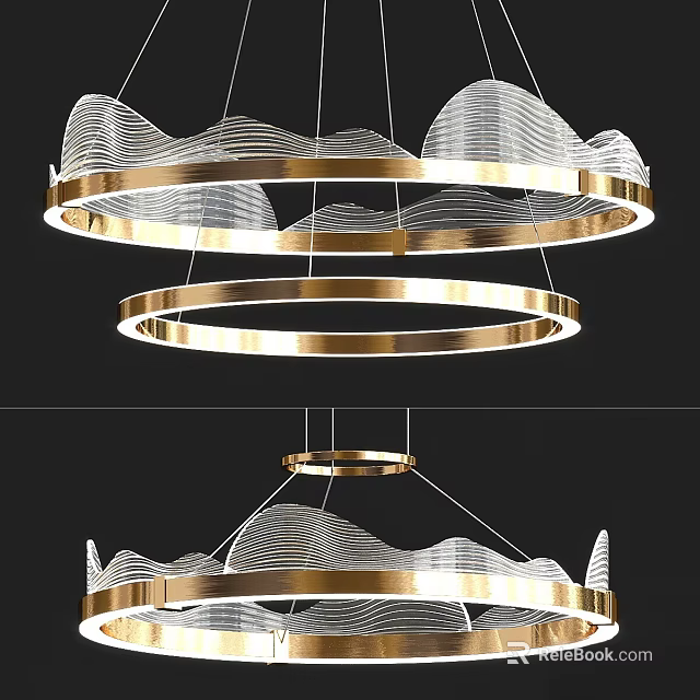 Modern Gold Chandelier With Layered Circular Rings And Wavy Patterns Design 3d model 