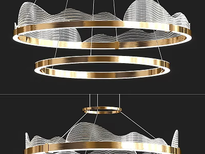 Modern Gold Chandelier With Layered Circular Rings And Wavy Patterns Design 3d model