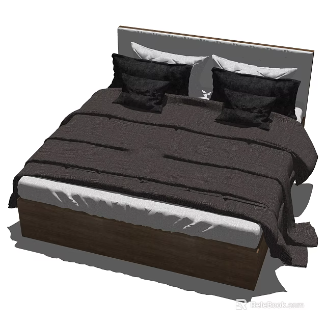 Modern Double Bed With Dark Bedspread Wooden Frame Pillows And Simple Design 3d model