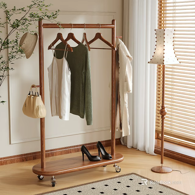 Wooden Clothing Rack With Hanging Clothes High Heels And Floor Lamp In Indoor Setting 3d model 