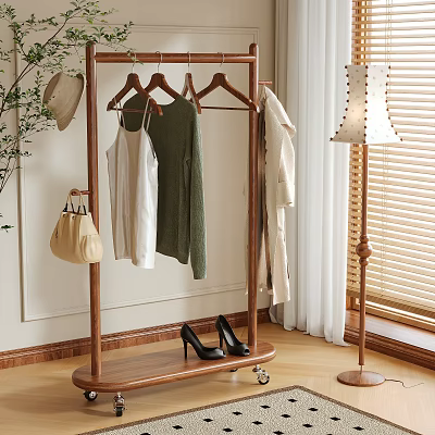 Wooden Clothing Rack With Hanging Clothes High Heels And Floor Lamp In Indoor Setting 3d model