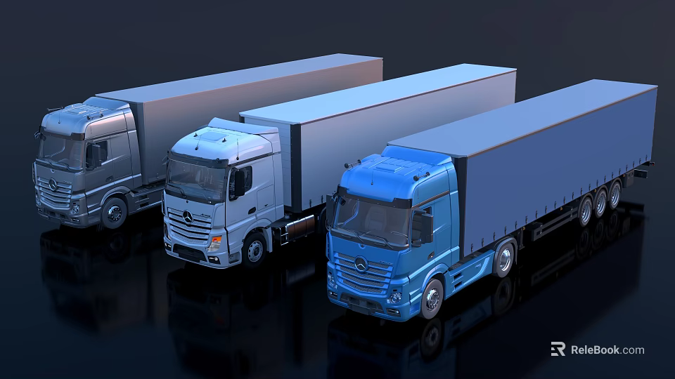 Modern Commercial Utility Trucks In Silver And Blue With Cargo Boxes And Cab Designs 3d model 