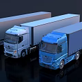 Modern Commercial Utility Trucks In Silver And Blue With Cargo Boxes And Cab Designs