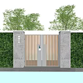 Modern Wooden Entrance Gate With Vertical Striped Design Stone Pillars And Green Hedge Walls