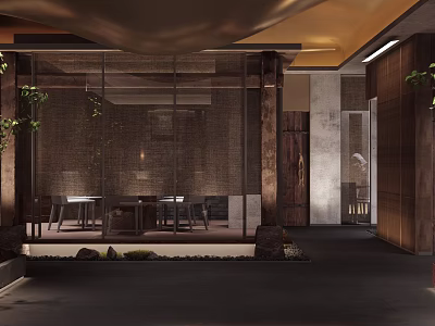 Elegant Private Box Interior With Wooden Elements Glass Partitions Dining Table Chairs And Warm Lighting 3d model