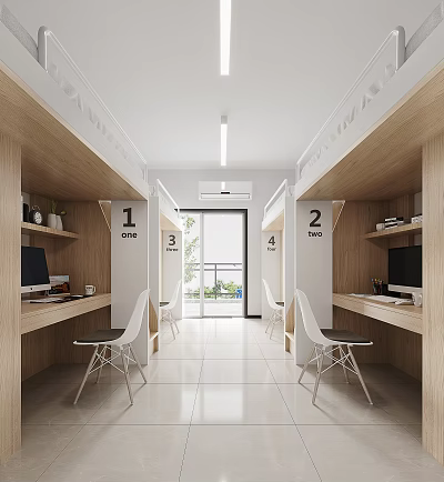 School Dormitory Neat Interior With Desks Chairs And Numbered Beds 3d model