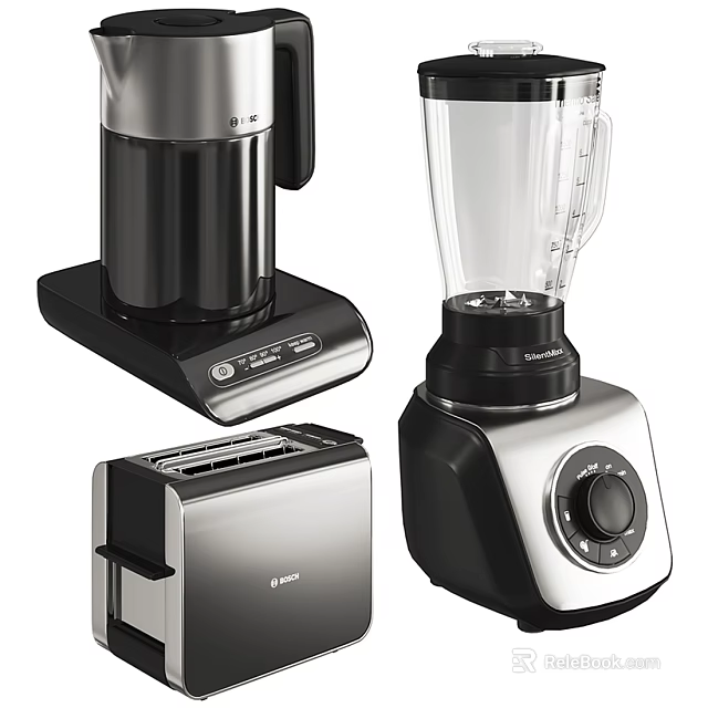 Modern Silver And Black Kitchen Appliances Including Coffee Maker Blender And Toaster 3d model