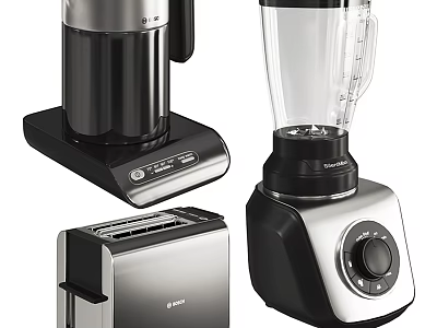 Modern Silver And Black Kitchen Appliances Including Coffee Maker Blender And Toaster 3d model