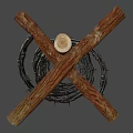 Wooden Crossed Defensive Weapon Structure With Barbed Wire Military Obstacle