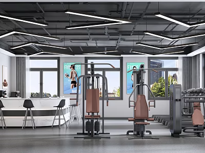 Modern Gym Open Space With Fitness Equipment Windows Bar Counter And Posters 3d model