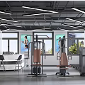 Modern Gym Open Space With Fitness Equipment Windows Bar Counter And Posters