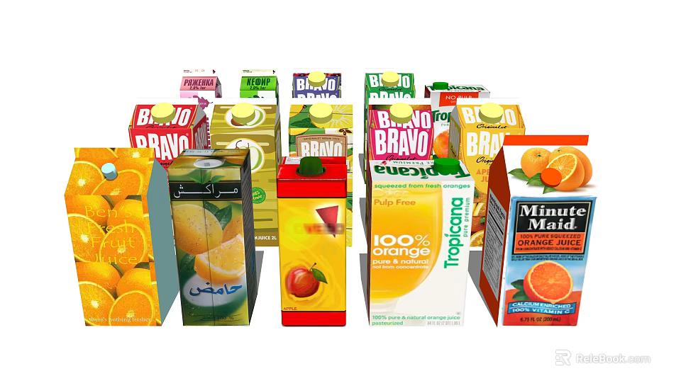 Assorted Juice Drink Packaging From Various Brands Including 100% Juice And Oranges 3d model 