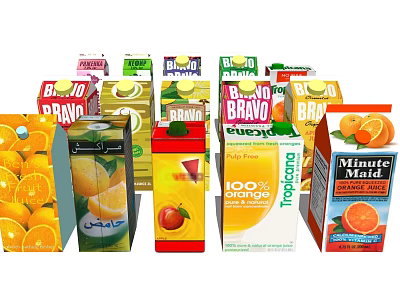 Assorted Juice Drink Packaging From Various Brands Including 100% Juice And Oranges 3d model