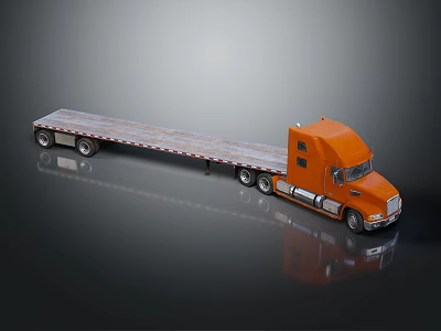 Orange Modern Flatbed Truck With Wooden Flatbed And Multiple Wheels 3d model