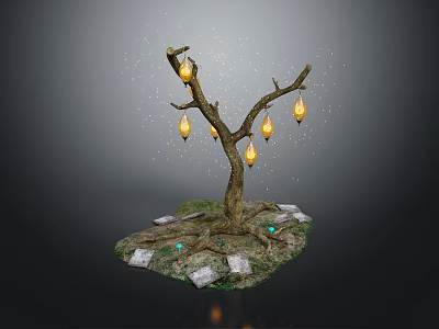 Tree branches decorated with yellow lantern-like objects green grass under stones and glowing small lights 3d model