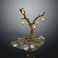 Tree branches decorated with yellow lantern-like objects green grass under stones and glowing small lights