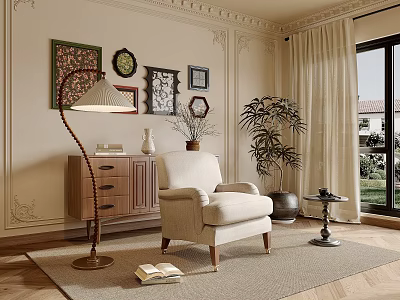 Elegant Single Sofa in Living Room with Framed Artworks Floor Lamp Side Cabinet and Rug 3d model