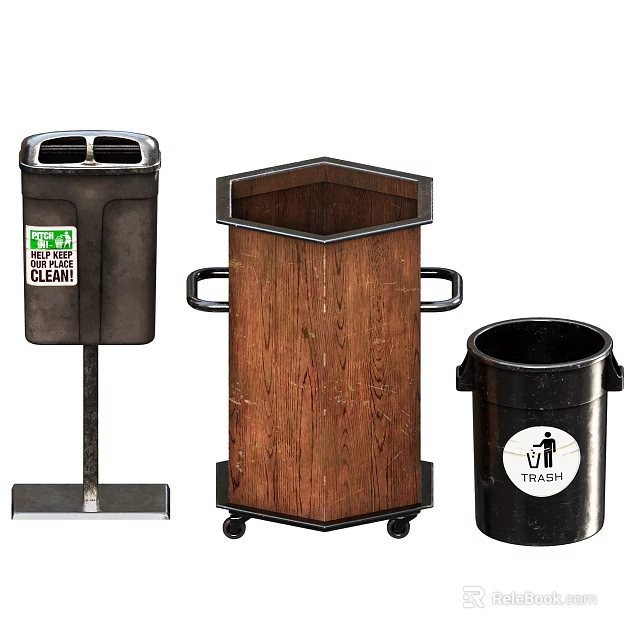 Public Facilities Different Trash Bins with Pedal Wooden Design Wheels and No Littering Sign 3d model 