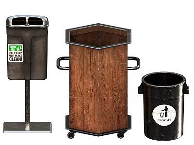 Public Facilities Different Trash Bins with Pedal Wooden Design Wheels and No Littering Sign 3d model