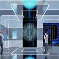 Modern Tech Inspired Office Corridor Interior With Blue Lighting And People Walking 3d model