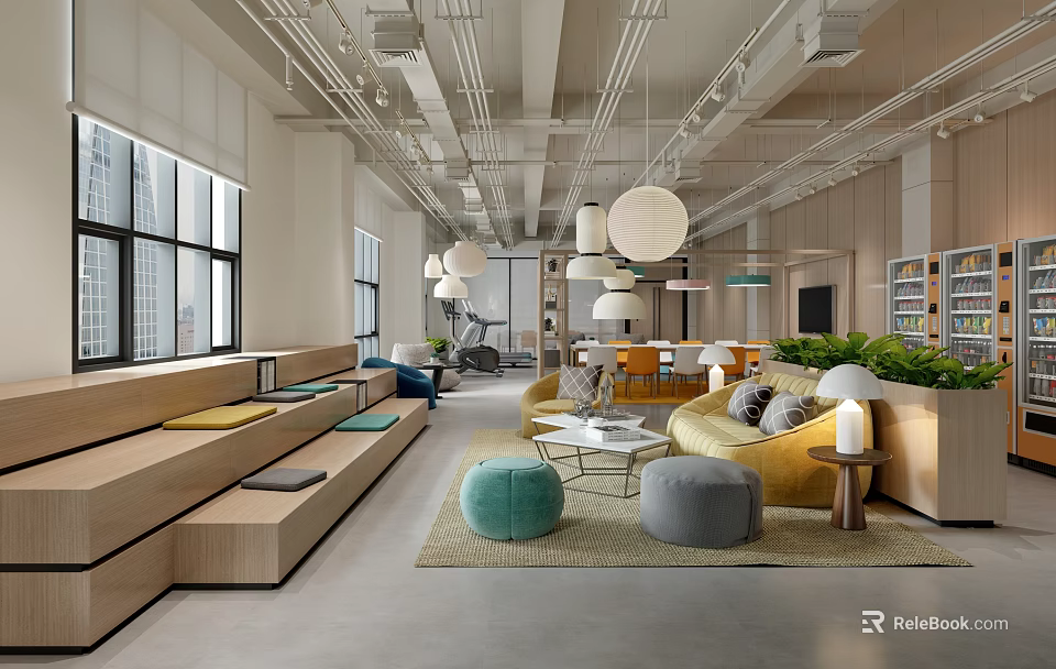 Lounge Area With Large Windows Wooden Benches Colorful Cushions Round Pendant Lights And Green Plants 3d model 