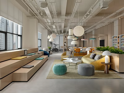 Lounge Area With Large Windows Wooden Benches Colorful Cushions Round Pendant Lights And Green Plants 3d model