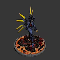 Game Movie Robot Character with Blue Armor Glowing Eyes Holding Weapon and Yellow Light Beams