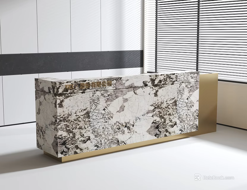 Modern Reception Desk With Marble Surface Gold Frame And White Wall Background 3d model 