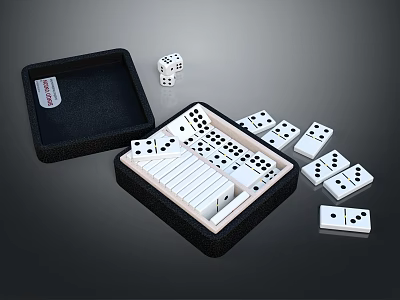 Domino Board Game Entertainment Set with Black Storage Box and Scattered White Tiles 3d model