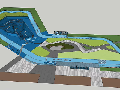 3D Rendering of Large Outdoor Plaza With Blue Water Pool Green Lawn and Paths 3d model